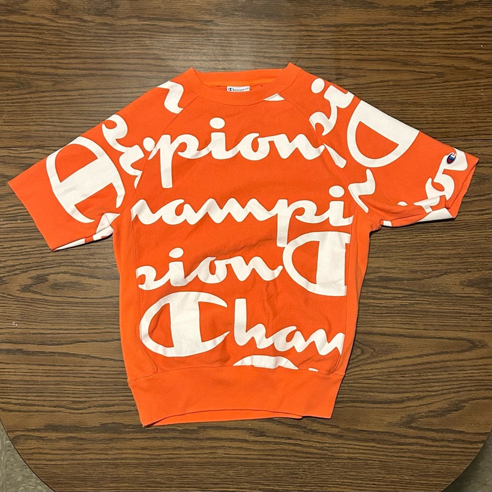 Champion White and Coral/Peach Short Sleeve Sweatshirt Bold Logo Design